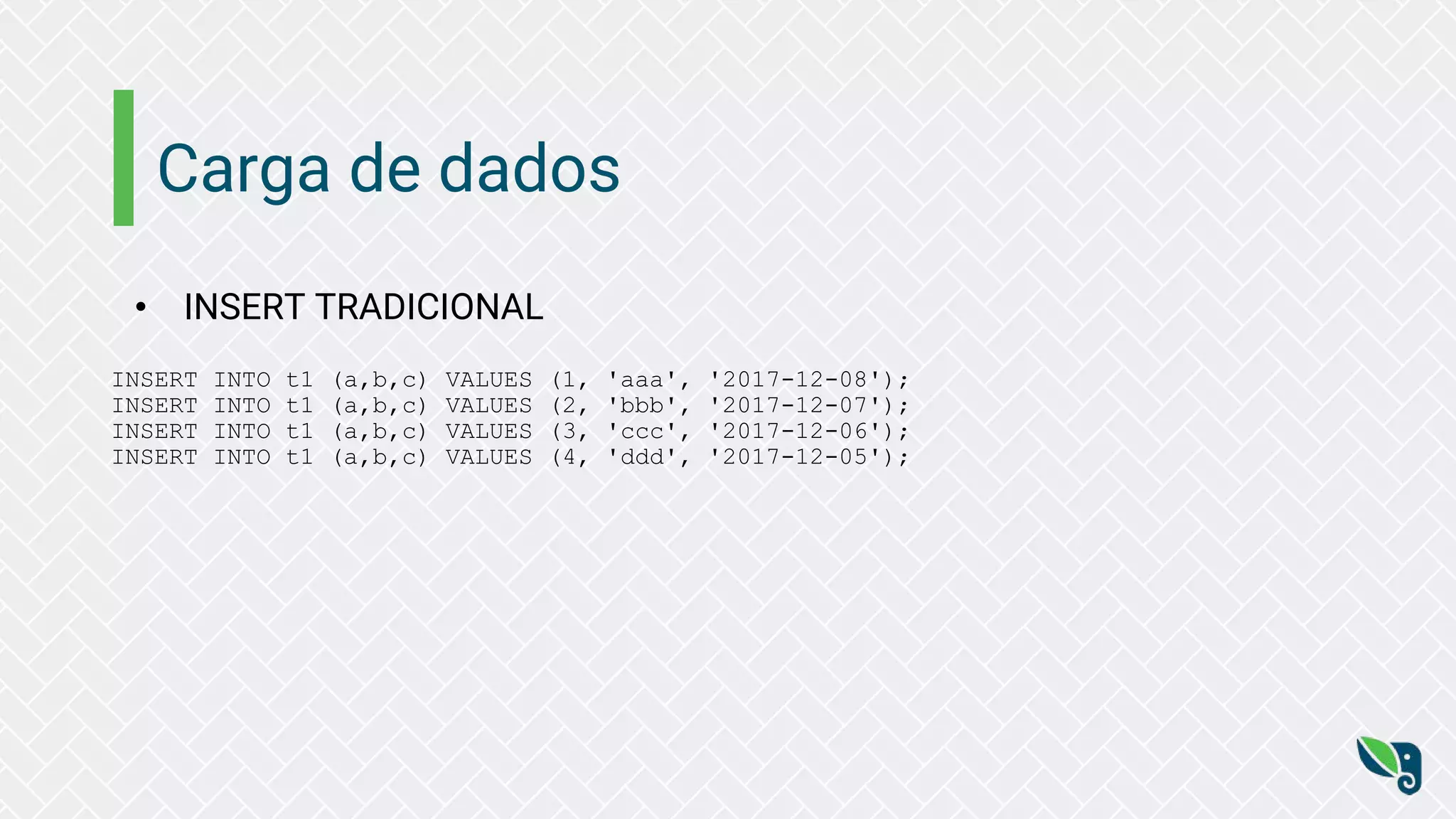Carga de dados
• INSERT TRADICIONAL
INSERT INTO t1 (a,b,c) VALUES (1, 'aaa', '2017-12-08');
INSERT INTO t1 (a,b,c) VALUES (2, 'bbb', '2017-12-07');
INSERT INTO t1 (a,b,c) VALUES (3, 'ccc', '2017-12-06');
INSERT INTO t1 (a,b,c) VALUES (4, 'ddd', '2017-12-05');
 