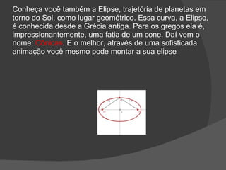 Conheça você também a Elipse, trajetória de planetas em
torno do Sol, como lugar geométrico. Essa curva, a Elipse,
é conhecida desde a Grécia antiga. Para os gregos ela é,
impressionantemente, uma fatia de um cone. Daí vem o
nome: Cônicas. E o melhor, através de uma sofisticada
animação você mesmo pode montar a sua elipse
 