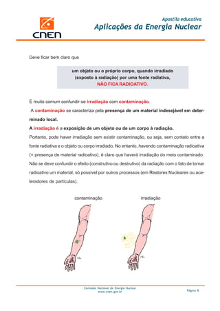 Apostila educativa
Aplicações da Energia Nuclear
Comissão Nacional de Energia Nuclear
www.cnen.gov.br Página 8
Deve ficar bem claro que
um objeto ou o próprio corpo, quando irradiado
(exposto à radiação) por uma fonte radiativa,
NÃO FICA RADIOATIVO.
É muito comum confundir-se irradiação com contaminação.
A contaminação se caracteriza pela presença de um material indesejável em deter-
minado local.
A irradiação é a exposição de um objeto ou de um corpo à radiação.
Portanto, pode haver irradiação sem existir contaminação, ou seja, sem contato entre a
fonte radiativa e o objeto ou corpo irradiado. No entanto, havendo contaminação radioativa
(= presença de material radioativo), é claro que haverá irradiação do meio contaminado.
Não se deve confundir o efeito (construtivo ou destrutivo) da radiação com o fato de tornar
radioativo um material, só possível por outros processos (em Reatores Nucleares ou ace-
leradores de partículas).
contaminação irradiação
 