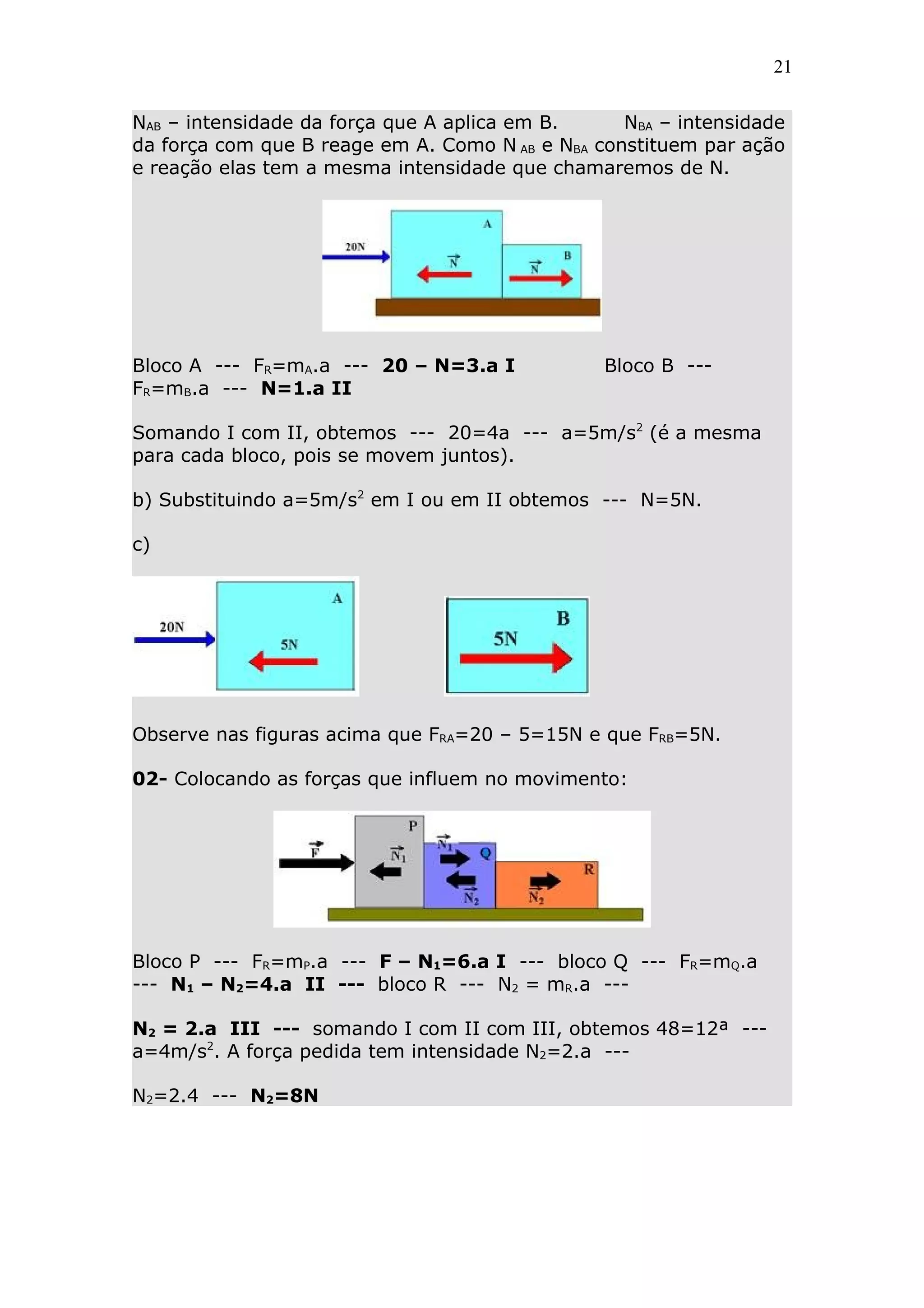 21


NAB – intensidade da força que A aplica em B.     NBA – intensidade
da força com que B reage em A. Como N AB e NBA constituem par ação
e reação elas tem a mesma intensidade que chamaremos de N.




Bloco A --- FR=mA.a --- 20 – N=3.a I            Bloco B ---
FR=mB.a --- N=1.a II

Somando I com II, obtemos --- 20=4a --- a=5m/s2 (é a mesma
para cada bloco, pois se movem juntos).

b) Substituindo a=5m/s2 em I ou em II obtemos --- N=5N.

c)




Observe nas figuras acima que FRA=20 – 5=15N e que FRB=5N.

02- Colocando as forças que influem no movimento:




Bloco P --- FR=mP.a --- F – N1=6.a I --- bloco Q --- FR=mQ.a
--- N1 – N2=4.a II --- bloco R --- N2 = mR.a ---

N2 = 2.a III --- somando I com II com III, obtemos 48=12ª ---
a=4m/s2. A força pedida tem intensidade N2=2.a ---

N2=2.4 --- N2=8N
 