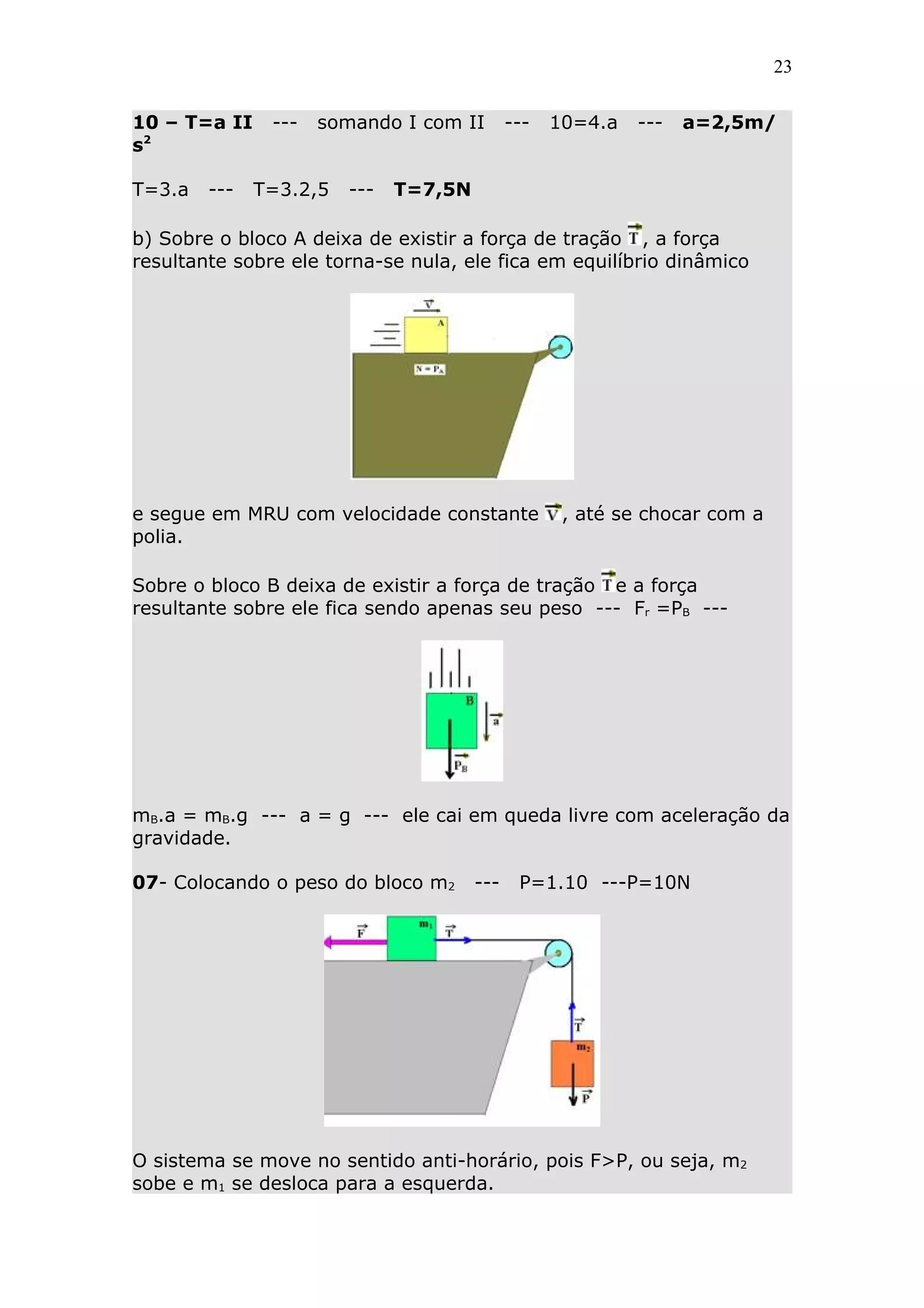 23


10 – T=a II    ---   somando I com II        ---   10=4.a   ---   a=2,5m/
s2

T=3.a   ---   T=3.2,5   ---   T=7,5N

b) Sobre o bloco A deixa de existir a força de tração , a força
resultante sobre ele torna-se nula, ele fica em equilíbrio dinâmico




e segue em MRU com velocidade constante             , até se chocar com a
polia.

Sobre o bloco B deixa de existir a força de tração e a força
resultante sobre ele fica sendo apenas seu peso --- Fr =PB ---




mB.a = mB.g --- a = g --- ele cai em queda livre com aceleração da
gravidade.

07- Colocando o peso do bloco m2       ---    P=1.10 ---P=10N




O sistema se move no sentido anti-horário, pois F>P, ou seja, m2
sobe e m1 se desloca para a esquerda.
 