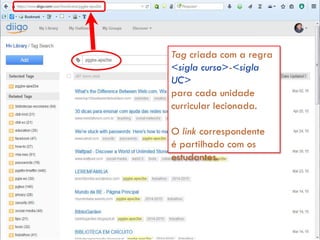 14
Tag criada com a regra
<sigla curso>-<sigla
UC>
para cada unidade
curricular lecionada.
O link correspondente
é partilhado com os
estudantes.
 
