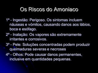 Os Riscos do Amoniaco
1º - Ingestão: Perigoso. Os sintomas incluem
  náuseas e vómitos, causando danos aos lábios,
  boca e esófago.
2º - Inalação: Os vapores são extremamente
  irritantes e corrosivos.
3º - Pele: Soluções concentradas podem produzir
  queimaduras severas e necroses
4º - Olhos: Pode causar danos permanentes,
  inclusive em quantidades pequenas.
 