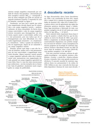 F Í S I C A



                                                                                                                                  máxima energia magnética armazenada por uni-
                                                                                                                                  dade de volume. Essa grandeza – denominada pro-     A descoberta recente
                                                                                                                                  duto energético máximo (BHmax) – corresponde à
                                                                                                                                                                                      As ligas denominadas alnico foram descobertas
                                                                                                                                  área do maior retângulo que pode ser inscrito no
                                                                                                                                                                                      em 1930 e são constituídas de ferro (Fe), níquel
                                                                                                                                  segundo quadrante (superior, à esquerda) do ciclo
                                                                                                                                                                                      (Ni) e cobalto (Co) e dotadas de pequenas quanti-
                                                                                                                                  de histerese, mostrado na figura 1.
ADAPTADO DE DRIVING FORCE: THE NATURAL MAGIC OF MANAGNETS, DE JAMES D. LIVINGSTON. HARVARD UNIVERSITY PRESS (BOSTON, EUA, 1997)




                                                                                                                                                                                      dades de alumínio (Al), cobre (Cu) e titânio (Ti) –
                                                                                                                                      Geralmente, um bom ímã é aquele que retém
                                                                                                                                                                                      a palavra alnico vem da aglutinação das siglas dos
                                                                                                                                  uma magnetização elevada depois que foi subme-
                                                                                                                                                                                      elementos químicos alumínio, níquel e cobalto.
                                                                                                                                  tido a um campo magnético externo – preferen-
                                                                                                                                                                                      Essas ligas permitiram a fabricação de ímãs com
                                                                                                                                  cialmente, de baixa intensidade. Os físicos deno-
                                                                                                                                                                                      produto energético de até 43 mil joules por metro
                                                                                                                                  minam coercividade o valor do campo magnético
                                                                                                                                                                                      cúbico de liga (BHmax = 43 kJ/m3).
                                                                                                                                  externo necessário para desmagnetizar um ímã.
                                                                                                                                                                                         Outro material muito importante dessa classe é
                                                                                                                                  Assim, quanto maior a coercividade, melhor será
                                                                                                                                                                                      a liga de samário e cobalto (Sm-Co), que foi des-
                                                                                                                                  o ímã permanente, pois isso indica que ele se
                                                                                                                                                                                      coberta no início da década de 1960 e que possi-
                                                                                                                                  desmagnetizará com mais dificuldade. Já a cha-
                                                                                                                                                                                      bilitou o surgimento, na década seguinte, de ímãs
                                                                                                                                  mada magnetização remanente – ou, simplesmen-
                                                                                                                                                                                      comercialmente disponíveis com produto energé-
                                                                                                                                  te, remanência – indica o quanto um material re-
                                                                                                                                                                                      tico em torno de 150 kJ/m3. Como conseqüência do
                                                                                                                                  tém de magnetização, depois de ser submetido a
                                                                                                                                                                                      enorme progresso da tecnologia de materiais mag-
                                                                                                                                  um campo magnético externo.
                                                                                                                                                                                      néticos, tivemos a descoberta recente, em 1983, de
                                                                                                                                      Portanto, quanto mais largo e mais alto for o
                                                                                                                                                                                      novos ímãs de neodímio, ferro e boro (Nd-Fe-B),
                                                                                                                                  ciclo de histerese, melhor será o ímã permanente,
                                                                                                                                                                                      cujo produto energético é de 300 kJ/m3.
                                                                                                                                  pois ele terá coercividade e magnetização rema-
                                                                                                                                                                                         Com essa crescente evolução, centenas de apli-
                                                                                                                                  nente elevadas. Alguns materiais, mesmo quando
                                                                                                                                                                                      cações tecnológicas – em especial, motores e alto-
                                                                                                                                  o campo magnético aplicado sobre eles é pratica-
                                                                                                                                                                                      falantes – tiveram – e ainda têm – drástica redução
                                                                                                                                  mente nulo, permanecem com magnetização ele-
                                                                                                                                                                                      de peso e tamanho, bem como grande aumento na
                                                                                                                                  vada, gerando um campo magnético apreciável em
                                                                                                                                                                                      eficiência. O mercado mundial de materiais mag-
                                                                                                                                  torno deles. Esse é o caso dos ímãs convencionais
                                                                                                                                                                                      néticos duros (ou permanentes) é da ordem de
                                                                                                                                  que conhecemos – um dos exemplos são os chama-
                                                                                                                                                                                      US$ 1 bilhão ao ano, mas o mercado dos bens que
                                                                                                                                  dos ‘ímãs de geladeira’, atualmente muito empre-
                                                                                                                                                                                      deles dependem é dezenas de vezes mais elevado.
                                                                                                                                  gados no campo da publicidade.

                                                                                                                                                                                                           Figura 2. Diversos ímãs
                                                                                                                                                                                                           (materiais magnéticos duros)
                                                                                                                                                                                                           utilizados em um carro moderno




                                                                                                                                                                                                                              maio de 2005 • CIÊNCIA HOJE • 21
 