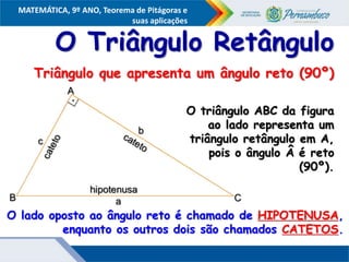 COMPONENTE CURRICULAR
Ensino Fundamental ou Ensino Médio, Série
Tópico
MATEMÁTICA, 9º ANO, Teorema de Pitágoras e
suas aplicações
O Triângulo Retângulo
O triângulo ABC da figura
ao lado representa um
triângulo retângulo em A,
pois o ângulo Â é reto
(90º).
O lado oposto ao ângulo reto é chamado de HIPOTENUSA,
enquanto os outros dois são chamados CATETOS.
Triângulo que apresenta um ângulo reto (90º)
 