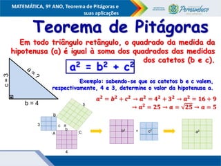 COMPONENTE CURRICULAR
Ensino Fundamental ou Ensino Médio, Série
Tópico
MATEMÁTICA, 9º ANO, Teorema de Pitágoras e
suas aplicações
Teorema de Pitágoras
Em todo triângulo retângulo, o quadrado da medida da
hipotenusa (a) é igual à soma dos quadrados das medidas
dos catetos (b e c).
a2 = b2 + c2
5
a
c
b
C
B
A
4
3
+ a2
b2
c2
b = 4
c
=
3
Exemplo: sabendo-se que os catetos b e c valem,
respectivamente, 4 e 3, determine o valor da hipotenusa a.
 