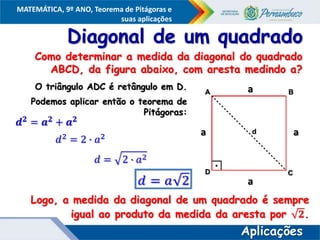 COMPONENTE CURRICULAR
Ensino Fundamental ou Ensino Médio, Série
Tópico
MATEMÁTICA, 9º ANO, Teorema de Pitágoras e
suas aplicações
Diagonal de um quadrado
O triângulo ADC é retângulo em D.
Podemos aplicar então o teorema de
Pitágoras:
Como determinar a medida da diagonal do quadrado
ABCD, da figura abaixo, com aresta medindo a?
A B
C
D
d
a
a a
a
Aplicações
 