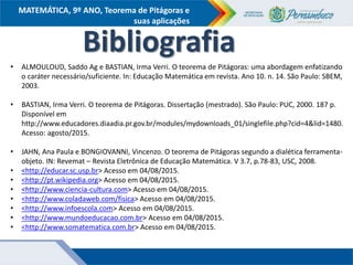 COMPONENTE CURRICULAR
Ensino Fundamental ou Ensino Médio, Série
Tópico
MATEMÁTICA, 9º ANO, Teorema de Pitágoras e
suas aplicações
Bibliografia
• ALMOULOUD, Saddo Ag e BASTIAN, Irma Verri. O teorema de Pitágoras: uma abordagem enfatizando
o caráter necessário/suficiente. In: Educação Matemática em revista. Ano 10. n. 14. São Paulo: SBEM,
2003.
• BASTIAN, Irma Verri. O teorema de Pitágoras. Dissertação (mestrado). São Paulo: PUC, 2000. 187 p.
Disponível em
http://www.educadores.diaadia.pr.gov.br/modules/mydownloads_01/singlefile.php?cid=4&lid=1480.
Acesso: agosto/2015.
• JAHN, Ana Paula e BONGIOVANNI, Vincenzo. O teorema de Pitágoras segundo a dialética ferramenta-
objeto. IN: Revemat – Revista Eletrônica de Educação Matemática. V 3.7, p.78-83, USC, 2008.
• <http://educar.sc.usp.br> Acesso em 04/08/2015.
• <http://pt.wikipedia.org> Acesso em 04/08/2015.
• <http://www.ciencia-cultura.com> Acesso em 04/08/2015.
• <http://www.coladaweb.com/fisica> Acesso em 04/08/2015.
• <http://www.infoescola.com> Acesso em 04/08/2015.
• <http://www.mundoeducacao.com.br> Acesso em 04/08/2015.
• <http://www.somatematica.com.br> Acesso em 04/08/2015.
 