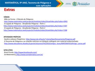 COMPONENTE CURRICULAR
Ensino Fundamental ou Ensino Médio, Série
Tópico
MATEMÁTICA, 9º ANO, Teorema de Pitágoras e
suas aplicações
Extras
VÍDEOS
Mão na Forma - O Barato do Pitágoras:
http://www.matematica.seed.pr.gov.br/modules/video/showVideo.php?video=6965
O Legado de Pitágoras - Desafiando Pitágoras - Parte 1
http://www.matematica.seed.pr.gov.br/modules/video/showVideo.php?video=7187
O Legado de Pitágoras - Desafiando Pitágoras - Parte 2
http://www.matematica.seed.pr.gov.br/modules/video/showVideo.php?video=7188
ATIVIDADES PRÁTICAS
Quebra-cabeças Pitagóricos: http://www.mat.ufmg.br/~elaine/Aperfeicoamento/Pitagoras.pdf
O Teorema de Pitágoras e as relações métricas no triângulo retângulo com material emborrachado:
http://www.educadores.diaadia.pr.gov.br/arquivos/File/2010/artigos_teses/MATEMATICA/Artigo_Lamas.pdf
SITES ÚTEIS
Brasil Escola: http://www.brasilescola.com/
Só Matemática: http://www.somatematica.com.br/
 