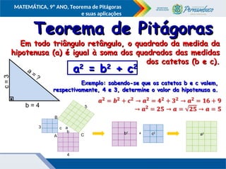 COMPONENTE CURRICULAR
Ensino Fundamental ou Ensino Médio, Série
Tópico
MATEMÁTICA, 9º ANO, Teorema de Pitágoras
e suas aplicações
Teorema de Pitágoras
Teorema de Pitágoras
Em todo triângulo retângulo, o quadrado da medida da
Em todo triângulo retângulo, o quadrado da medida da
hipotenusa (a) é igual à soma dos quadrados das medidas
hipotenusa (a) é igual à soma dos quadrados das medidas
dos catetos (b e c).
dos catetos (b e c).
a
a2
2
= b
= b2
2
+ c
+ c2
2
5
a
c
b
C
B
A
4
3
+ a2
b2
c2
b = 4
a
=
?
c
=
3
Exemplo: sabendo-se que os catetos b e c valem,
Exemplo: sabendo-se que os catetos b e c valem,
respectivamente, 4 e 3, determine o valor da hipotenusa a.
respectivamente, 4 e 3, determine o valor da hipotenusa a.
 