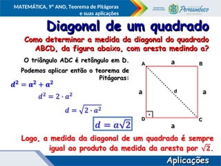 COMPONENTE CURRICULAR
Ensino Fundamental ou Ensino Médio, Série
Tópico
MATEMÁTICA, 9º ANO, Teorema de Pitágoras
e suas aplicações
Diagonal de um quadrado
Diagonal de um quadrado
O triângulo ADC é retângulo em D.
O triângulo ADC é retângulo em D.
Podemos aplicar então o teorema de
Podemos aplicar então o teorema de
Pitágoras:
Pitágoras:
Como determinar a medida da diagonal do quadrado
Como determinar a medida da diagonal do quadrado
ABCD, da figura abaixo, com aresta medindo a?
ABCD, da figura abaixo, com aresta medindo a?
A
A B
B
C
C
D
D
d
d
a
a
a
a a
a
a
a
Aplicações
Aplicações
 