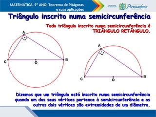 COMPONENTE CURRICULAR
Ensino Fundamental ou Ensino Médio, Série
Tópico
MATEMÁTICA, 9º ANO, Teorema de Pitágoras
e suas aplicações
Triângulo inscrito numa semicircunferência
Triângulo inscrito numa semicircunferência
Dizemos que um triângulo está inscrito numa semicircunferência
Dizemos que um triângulo está inscrito numa semicircunferência
quando um dos seus vértices pertence à semicircunferência e os
quando um dos seus vértices pertence à semicircunferência e os
outros dois vértices são extremidades de um diâmetro.
outros dois vértices são extremidades de um diâmetro.
Todo triângulo inscrito numa semicircunferência é
Todo triângulo inscrito numa semicircunferência é
TRIÂNGULO RETÂNGULO.
TRIÂNGULO RETÂNGULO.
A
A
B
B
O
O
C
C
A
A
B
B
O
O
C
C
 