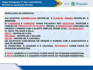 Língua Portuguesa, 1º Ano, Concordância
Nominal na construção do texto
RESOLUÇÃO DO EXERCÍCIO:
A)O ADJETIVO AVERMELHADA REFERE-SE À PLANÍCIE; VERDES REFERE-SE A
MANCHAS.
B) CANSADOS E FAMINTOS. ESSAS PALAVRAS SÃO ADJETIVOS, EXERCEM A
FUNÇÃO DE PREDICATIVO DO SUJEITO. (REGRA: O PREDICATIVO CONCORDA EM
GÊNERO E NÚMERO COM O SUJEITO SIMPLES, NESSE CASO, “OS INFELIZES”.
C) SECO, PELADOS E RALA.
SECO – REFERE-SE A RIO.
PELADOS – REFERE-SE A GALHOS.
RALAS – REFERE-SE À CAATINGA.
OS ADJETIVOS CONCORDAM EM GÊNERO E NÚMERO COM O SUBSTANTIVO A
QUE SE REFEREM.
D) SUGESTÕES: O JUAZEIRO E A CAATINGA SECOS/SECA FAZEM PARTE DA
PAISAGEM NORDESTINA.
O SECO JUAZEIRO E A CAATINGA FAZEM PARTE DA PAISAGEM NORDESTINA.
A SECA CAATINGA E O JUAZEIRO FAZEM PARTE DA PAISAGEM NORDESTINA.
 