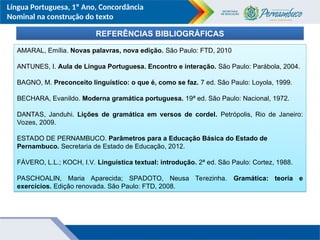 Língua Portuguesa, 1º Ano, Concordância
Nominal na construção do texto
REFERÊNCIAS BIBLIOGRÁFICAS
AMARAL, Emília. Novas palavras, nova edição. São Paulo: FTD, 2010
ANTUNES, I. Aula de Língua Portuguesa. Encontro e interação. São Paulo: Parábola, 2004.
BAGNO, M. Preconceito linguístico: o que é, como se faz. 7 ed. São Paulo: Loyola, 1999.
BECHARA, Evanildo. Moderna gramática portuguesa. 19ª ed. São Paulo: Nacional, 1972.
DANTAS, Janduhi. Lições de gramática em versos de cordel. Petrópolis, Rio de Janeiro:
Vozes, 2009.
ESTADO DE PERNAMBUCO. Parâmetros para a Educação Básica do Estado de
Pernambuco. Secretaria de Estado de Educação, 2012.
FÁVERO, L.L.; KOCH, I.V. Linguística textual: introdução. 2ª ed. São Paulo: Cortez, 1988.
PASCHOALIN, Maria Aparecida; SPADOTO, Neusa Terezinha. Gramática: teoria e
exercícios. Edição renovada. São Paulo: FTD, 2008.
 