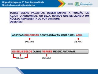 Língua Portuguesa, 1º Ano, Concordância
Nominal na construção do texto
TODAS ESSAS PALAVRAS DESEMPENHAM A FUNÇÃO DE
ADJUNTO ADNOMINAL, OU SEJA, TERMOS QUE SE LIGAM A UM
NÚCLEO REPRESENTADO POR UM NOME.
OBSERVE:
AS PIPAS COLORIDAS CONTRASTAVAM COM O CÉU AZUL.
OS SEUS BELOS OLHOS VERDES ME ENCANTARAM.
(Adj. Adn.) (Adj. Adn.)
(Adj. Adn.)
(Adj. Adn.)
 