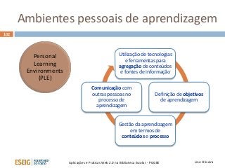 Personal
Learning
Environments
(PLE)
Ambientes pessoais de aprendizagem
Lino OliveiraAplicações e Práticas Web 2.0 na Biblioteca Escolar - PGGBE
102
Utilização de tecnologias
e ferramentas para
agregação de conteúdos
e fontes de informação
Definição de objetivos
de aprendizagem
Gestão da aprendizagem
em termos de
conteúdos e processo
Comunicação com
outras pessoas no
processo de
aprendizagem
 