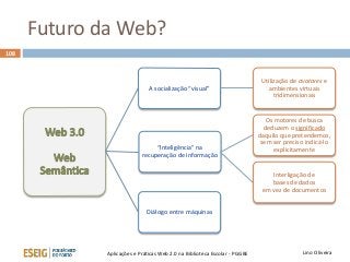 Futuro da Web?
108
Lino OliveiraAplicações e Práticas Web 2.0 na Biblioteca Escolar - PGGBE
A socialização “visual”
Utilização de avatares e
ambientes virtuais
tridimensionais
“Inteligência” na
recuperação de informação
Os motores de busca
deduzem o significado
daquilo que pretendemos,
sem ser preciso indicá-lo
explicitamente
Interligação de
bases de dados
em vez de documentos
Diálogo entre máquinas
 