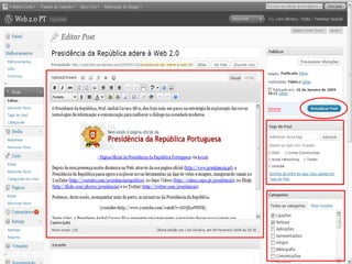 O que é um blogue?
Sítio web com conteúdos – artigos ou posts
•Apresentados por ordem cronológica inversa
Normalmente focado num determinado tema e
atualizado com frequência
Pode combinar elementos multimédia (texto,
imagens, vídeos e hiperligações)
Facilidade de utilização na edição e publicação
Pode aceitar comentários dos visitantes
53
Lino OliveiraAplicações e Práticas Web 2.0 na Biblioteca Escolar - PGGBE
 
