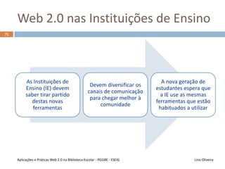 O que é o Twitter?
É uma rede social e servidor para microblogging
Permite enviar e ler atualizações pessoais de outros
contactos, em textos de até 140 caracteres conhecidos
como tweets
Os tweets podem ser enviados através da própria Web,
por SMS e através de aplicações específicas instaladas
em dispositivos portáteis
As atualizações são exibidas no perfil do utilizador em
tempo real e também enviadas a outros utilizadores
que tenham assinado para recebê-las
74
Lino OliveiraAplicações e Práticas Web 2.0 na Biblioteca Escolar - PGGBE
Fonte: Wikipedia 
 