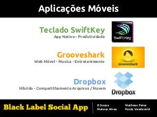 Aplicações Móveis
Teclado SwiftKey
App Nativo - Produtividade
Grooveshark
Web Móvel - Musica - Entretenimento
Dropbox
Híbrido - Compartilhamento Arquivos / Nuvem
D.Souza
Mateus Alves
Matheus Paiva
Paulo Vandeveld
 