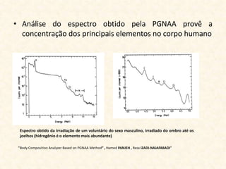 • Análise do espectro obtido pela PGNAA provê a
  concentração dos principais elementos no corpo humano




  Espectro obtido da irradiação de um voluntário do sexo masculino, irradiado do ombro até os
  joelhos (hidrogênio é o elemento mais abundante)

 "Body Composition Analyzer Based on PGNAA Method” , Hamed PANJEH , Reza IZADI-NAJAFABADI"
 