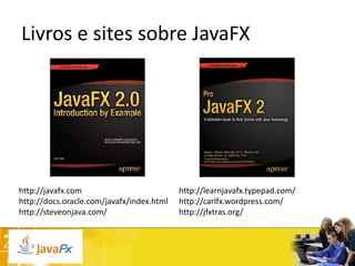 Livros e sites sobre JavaFX

http://javafx.com
http://docs.oracle.com/javafx/index.html
http://steveonjava.com/

http://learnjavafx.typepad.com/
http://carlfx.wordpress.com/
http://jfxtras.org/

 