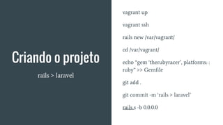 Criando o projeto
rails > laravel
vagrant up
vagrant ssh
rails new /var/vagrant/
cd /var/vagrant/
echo “gem ‘therubyracer’, platforms: :
ruby” >> Gemfile
git add .
git commit -m ‘rails > laravel’
rails s -b 0.0.0.0
 
