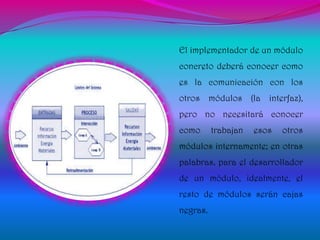 El implementador de un módulo
concreto deberá conocer como
es la comunicación con los
otros módulos (la interfaz),
pero no necesitará conocer
como      trabajan   esos   otros
módulos internamente; en otras
palabras, para el desarrollador
de un módulo, idealmente, el
resto de módulos serán cajas
negras.
 