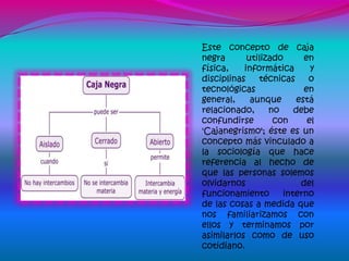 Este concepto de caja
negra       utilizado      en
física,    informática       y
disciplinas    técnicas     o
tecnológicas               en
general,     aunque      está
relacionado,      no    debe
confundirse        con      el
'Cajanegrismo'; éste es un
concepto más vinculado a
la sociología que hace
referencia al hecho de
que las personas solemos
olvidarnos                del
funcionamiento       interno
de las cosas a medida que
nos familiarizamos con
ellos y terminamos por
asimilarlos como de uso
cotidiano.
 