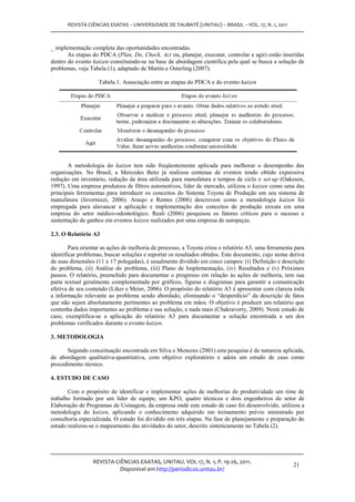 REVISTA CIÊNCIAS EXATAS – UNIVERSIDADE DE TAUBATÉ (UNITAU) – BRASIL – VOL. 17, N. 1, 2011



_ implementação completa das oportunidades encontradas.
       As etapas do PDCA (Plan, Do, Check, Act ou, planejar, executar, controlar e agir) estão inseridas
dentro do evento kaizen constituindo-se na base de abordagem cientifica pela qual se busca a solução de
problemas, veja Tabela (1), adaptado de Martin e Osterling (2007).

                    Tabela 1. Associação entre as etapas do PDCA e do evento kaizen




       A metodologia do kaizen tem sido freqüentemente aplicada para melhorar o desempenho das
organizações. No Brasil, a Mercedes Benz já realizou centenas de eventos tendo obtido expressiva
redução em inventário, redução da área utilizada para manufatura e tempos de ciclo e set-up (Oakeson,
1997). Uma empresa produtora de filtros automotivos, líder de mercado, utilizou o kaizen como uma das
principais ferramentas para introduzir os conceitos do Sistema Toyota de Produção em seu sistema de
manufatura (Invernizzi, 2006). Araujo e Rentes (2006) descrevem como a metodologia kaizen foi
empregada para alavancar a aplicação e implementação dos conceitos de produção enxuta em uma
empresa do setor médico-odontológico. Reali (2006) pesquisou os fatores críticos para o sucesso e
sustentação de ganhos em eventos kaizen realizados por uma empresa de autopeças.

2.3. O Relatório A3

        Para orientar as ações de melhoria de processo, a Toyota criou o relatório A3, uma ferramenta para
identificar problemas, buscar soluções e reportar os resultados obtidos. Este documento, cujo nome deriva
de suas dimensões (11 x 17 polegadas), é usualmente dividido em cinco campos: (i) Definição e descrição
do problema, (ii) Análise do problema, (iii) Plano de Implementação, (iv) Resultados e (v) Próximos
passos. O relatório, preenchido para documentar o progresso em relação às ações de melhoria, tem sua
parte textual geralmente complementada por gráficos, figuras e diagramas para garantir a comunicação
efetiva de seu conteúdo (Liker e Meier, 2006). O propósito do relatório A3 é apresentar com clareza toda
a informação relevante ao problema sendo abordado, eliminando o “desperdício” da descrição de fatos
que não sejam absolutamente pertinentes ao problema em mãos. O objetivo é produzir um relatório que
contenha dados importantes ao problema e sua solução, e nada mais (Chakravorty, 2009). Neste estudo de
caso, exemplifica-se a aplicação do relatório A3 para documentar a solução encontrada a um dos
problemas verificados durante o evento kaizen.

3. METODOLOGIA

      Segundo conceituação encontrada em Silva e Menezes (2001) esta pesquisa é de natureza aplicada,
de abordagem qualitativa-quantitativa, com objetivo exploratório e adota um estudo de caso como
procedimento técnico.

4. ESTUDO DE CASO

       Com o propósito de identificar e implementar ações de melhorias de produtividade um time de
trabalho formado por um líder de equipe, um KPO, quatro técnicos e dois engenheiros do setor de
Elaboração de Programas de Usinagem, da empresa onde este estudo de caso foi desenvolvido, utilizou a
metodologia do kaizen, aplicando o conhecimento adquirido em treinamento prévio ministrado por
consultoria especializada. O estudo foi dividido em três etapas. Na fase de planejamento e preparação do
estudo realizou-se o mapeamento das atividades do setor, descrito sinteticamente no Tabela (2).




                 REVISTA CIÊNCIAS EXATAS, UNITAU. VOL 17, N. 1, P. 19-26, 2011.
                                                                                                     21
                           Disponível em http://periodicos.unitau.br/
 