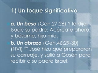 1) Un toque significativo.a. Un beso (Gen.27:26) Y le dijo Isaac su padre: Acércate ahora, y bésame, hijo mío.b. Un abrazo (Gen.46:29-30) (NVI) 29 José hizo que prepararan su carruaje, y salió a Gosén para recibir a su padre Israel. 