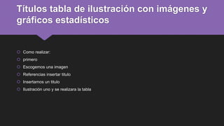 Títulos tabla de ilustración con imágenes y
gráficos estadísticos
 Como realizar:
 primero
 Escogemos una imagen
 Referencias insertar titulo
 Insertamos un titulo
 Ilustración uno y se realizara la tabla
 
