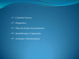 • 1º - Comissão Gestora
• 2º - Diagnóstico
• 3º - Plano de Gestão Socioambiental
• 4º - Sensibilização e Capacitação
• 5º - Avaliação e Monitoramento
 