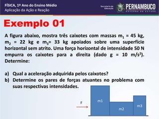 FÍSICA, 1º Ano do Ensino Médio
Aplicação da Ação e Reação
A figura abaixo, mostra três caixotes com massas m1 = 45 kg,
m2 = 22 kg e m3= 33 kg apoiados sobre uma superfície
horizontal sem atrito. Uma força horizontal de intensidade 50 N
empurra os caixotes para a direita (dado g = 10 m/s2).
Determine:
a) Qual a aceleração adquirida pelos caixotes?
b) Determine os pares de forças atuantes no problema com
suas respectivas intensidades.
Exemplo 01
m1
m2
m3
F
 
