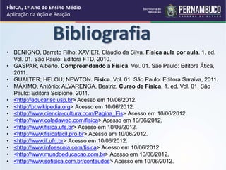 FÍSICA, 1º Ano do Ensino Médio
Aplicação da Ação e Reação
Bibliografia
• BENIGNO, Barreto Filho; XAVIER, Cláudio da Silva. Física aula por aula. 1. ed.
Vol. 01. São Paulo: Editora FTD, 2010.
• GASPAR, Alberto. Compreendendo a Física. Vol. 01. São Paulo: Editora Ática,
2011.
• GUALTER; HELOU; NEWTON. Física. Vol. 01. São Paulo: Editora Saraiva, 2011.
• MÁXIMO, Antônio; ALVARENGA, Beatriz. Curso de Física. 1. ed. Vol. 01. São
Paulo: Editora Scipione, 2011.
• <http://educar.sc.usp.br> Acesso em 10/06/2012.
• <http://pt.wikipedia.org> Acesso em 10/06/2012.
• <http://www.ciencia-cultura.com/Pagina_Fis> Acesso em 10/06/2012.
• <http://www.coladaweb.com/fisica> Acesso em 10/06/2012.
• <http://www.fisica.ufs.br> Acesso em 10/06/2012.
• <http://www.fisicafacil.pro.br> Acesso em 10/06/2012.
• <http://www.if.ufrj.br> Acesso em 10/06/2012.
• <http://www.infoescola.com/fisica> Acesso em 10/06/2012.
• <http://www.mundoeducacao.com.br> Acesso em 10/06/2012.
• <http://www.sofisica.com.br/conteudos> Acesso em 10/06/2012.
 