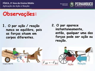 FÍSICA, 1º Ano do Ensino Médio
Aplicação da Ação e Reação
1. O par ação / reação
nunca se equilibra, pois
as forças atuam em
corpos diferentes.
2. O par aparece
instantaneamente,
então, qualquer uma das
forças pode ser ação ou
reação.
Observações:
AB F
F BA
Ação Reação
Imagens SEE-PE. BA
AB F
F




 