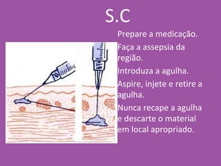 Prepare a medicação.
Faça a assepsia da
região.
Introduza a agulha.
Aspire, injete e retire a
agulha.
Nunca recape a agulha
e descarte o material
em local apropriado.
S.C
 