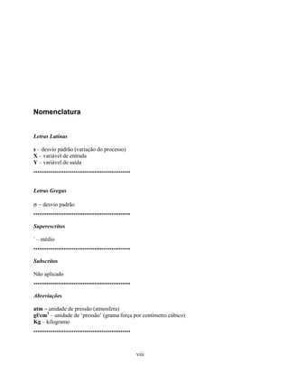 viii
Nomenclatura
Letras Latinas
s – desvio padrão (variação do processo)
X – variável de entrada
Y – variável de saída
...................................................
Letras Gregas
σ − desvio padrão
...................................................
Superescritos
-
– médio
...................................................
Subscritos
Não aplicado
...................................................
Abreviações
atm – unidade de pressão (atmosfera)
gf/cm3
– unidade de ‘pressão’ (grama força por centímetro cúbico)
Kg – kilogramo
...................................................
 