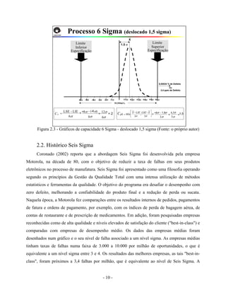 - 10 -
Figura 2.3 - Gráficos de capacidade 6 Sigma - deslocado 1,5 sigma (Fonte: o próprio autor)
2.2. Histórico Seis Sigma
Coronado (2002) reporta que a abordagem Seis Sigma foi desenvolvida pela empresa
Motorola, na década de 80, com o objetivo de reduzir a taxa de falhas em seus produtos
eletrônicos no processo de manufatura. Seis Sigma foi apresentado como uma filosofia operando
segundo os princípios da Gestão da Qualidade Total com uma intensa utilização de métodos
estatísticos e ferramentas da qualidade. O objetivo do programa era desafiar o desempenho com
zero defeito, melhorando a confiabilidade do produto final e a redução de perda ou sucata.
Naquela época, a Motorola fez comparações entre os resultados internos de pedidos, pagamentos
de fatura e ordens de pagamento, por exemplo, com os índices de perda de bagagem aérea, de
contas de restaurante e de prescrição de medicamentos. Em adição, foram pesquisadas empresas
reconhecidas como de alta qualidade e níveis elevados de satisfação do cliente ("best-in-class") e
comparadas com empresas de desempenho médio. Os dados das empresas médias foram
desenhados num gráfico e o seu nível de falha associado a um nível sigma. As empresas médias
tinham taxas de falhas numa faixa de 3.000 a 10.000 por milhão de oportunidades, o que é
equivalente a um nível sigma entre 3 e 4. Os resultados das melhores empresas, as tais "best-in-
class", foram próximos a 3,4 falhas por milhão, que é equivalente ao nível de Seis Sigma. A
Limite
Inferior
Especificação
Processo 6 Sigma (deslocado 1,5 sigma)
Limite
Superior
Especificação
1.5 σ
0,00034 % de Defeito
ou
3,4 ppm de Defeito
⎥
⎦
⎤
⎢
⎣
⎡ −−
=
σσ 3
;
3
XLSELIEX
MínpkC= 2
σ6
LIE-LSE
=PC =+6σ - (-6σ)
σ6
σ
σ6
12= == +6σ - 1,5σ
σ3
σ
σ3
4,5
= 1,5
99.99966%
+3σ+2σ+1σ +6σ+5σ+4σ-4σ-5σ-6σ -1σ-2σ-3σ
X
 