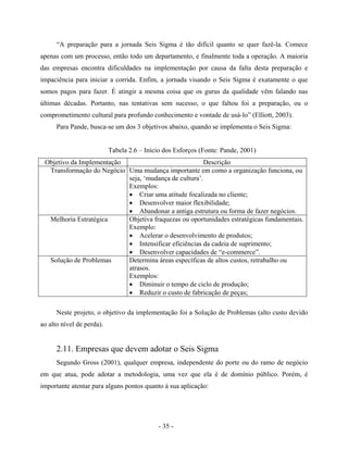 - 35 -
“A preparação para a jornada Seis Sigma é tão difícil quanto se quer fazê-la. Comece
apenas com um processo, então todo um departamento, e finalmente toda a operação. A maioria
das empresas encontra dificuldades na implementação por causa da falta desta preparação e
impaciência para iniciar a corrida. Enfim, a jornada visando o Seis Sigma é exatamente o que
somos pagos para fazer. É atingir a mesma coisa que os gurus da qualidade vêm falando nas
últimas décadas. Portanto, nas tentativas sem sucesso, o que faltou foi a preparação, ou o
comprometimento cultural para profundo conhecimento e vontade de usá-lo” (Elliott, 2003).
Para Pande, busca-se um dos 3 objetivos abaixo, quando se implementa o Seis Sigma:
Tabela 2.6 – Início dos Esforços (Fonte: Pande, 2001)
Objetivo da Implementação Descrição
Transformação do Negócio Uma mudança importante em como a organização funciona, ou
seja, ‘mudança de cultura’.
Exemplos:
• Criar uma atitude focalizada no cliente;
• Desenvolver maior flexibilidade;
• Abandonar a antiga estrutura ou forma de fazer negócios.
Melhoria Estratégica Objetiva fraquezas ou oportunidades estratégicas fundamentais.
Exemplo:
• Acelerar o desenvolvimento de produtos;
• Intensificar eficiências da cadeia de suprimento;
• Desenvolver capacidades de “e-commerce”.
Solução de Problemas Determina áreas específicas de altos custos, retrabalho ou
atrasos.
Exemplos:
• Diminuir o tempo de ciclo de produção;
• Reduzir o custo de fabricação de peças;
Neste projeto, o objetivo da implementação foi a Solução de Problemas (alto custo devido
ao alto nível de perda).
2.11. Empresas que devem adotar o Seis Sigma
Segundo Gross (2001), qualquer empresa, independente do porte ou do ramo de negócio
em que atua, pode adotar a metodologia, uma vez que ela é de domínio público. Porém, é
importante atentar para alguns pontos quanto à sua aplicação:
 