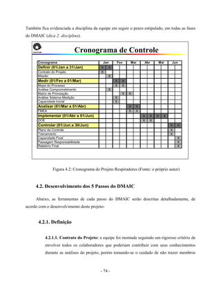 - 74 -
Também fica evidenciada a disciplina da equipe em seguir o prazo estipulado, em todas as fases
do DMAIC (dica 2: disciplina).
Figura 4.2: Cronograma do Projeto Respiradores (Fonte: o próprio autor)
4.2. Desenvolvimento dos 5 Passos do DMAIC
Abaixo, as ferramentas de cada passo do DMAIC serão descritas detalhadamente, de
acordo com o desenvolvimento deste projeto:
4.2.1. Definição
4.2.1.1. Contrato do Projeto: a equipe foi montada seguindo um rigoroso critério de
envolver todos os colaboradores que poderiam contribuir com seus conhecimentos
durante as análises do projeto, porém tomando-se o cuidado de não trazer membros
Cronograma de Controle
Cronograma
Definir (01/Jan a 31/Jan) X X
Contrato do Projeto X
Missão X
Medir (01/Fev a 01/Mar) X X
Mapa do Processo X X
Análise Comprometimento X
Matriz de Priorização X X
Análise Sistema Medição X
Capacidade Inicial X
Analisar (01/Mar a 01/Abr) X X
FMEA X X
Implementar (01/Abr a 01/Jun) X X X X
DOE X X
Controlar (01/Jun a 30/Jun) X X
Plano de Controle X
Treinamento X
Capacidade Final X
Passagem Responsabilidade X
Relatório Final X
Mai JunJan Fev Mar Abr
 