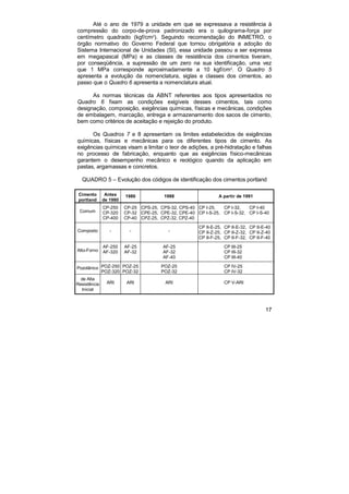 Até o ano de 1979 a unidade em que se expressava a resistência à 
compressão do corpo-de-prova padronizado era o quilograma-força por 
centímetro quadrado (kgf/cm2). Seguindo recomendação do INMETRO, o 
órgão normativo do Governo Federal que tornou obrigatória a adoção do 
Sistema Internacional de Unidades (Sl), essa unidade passou a ser expressa 
em megapascal (MPa) e as classes de resistência dos cimentos tiveram, 
por conseqüência, a supressão de um zero na sua identificação, uma vez 
que 1 MPa corresponde aproximadamente a 10 kgf/cm2. O Quadro 5 
apresenta a evolução da nomenclatura, siglas e classes dos cimentos, ao 
passo que o Quadro 6 apresenta a nomenclatura atual. 
As normas técnicas da ABNT referentes aos tipos apresentados no 
Quadro 6 fixam as condições exigíveis desses cimentos, tais como 
designação, composição, exigências químicas, físicas e mecânicas, condições 
de embalagem, marcação, entrega e armazenamento dos sacos de cimento, 
bem como critérios de aceitação e rejeição do produto. 
Os Quadros 7 e 8 apresentam os limites estabelecidos de exigências 
químicas, físicas e mecânicas para os diferentes tipos de cimento. As 
exigências químicas visam a limitar o teor de adições, a pré-hidratação e falhas 
no processo de fabricação, enquanto que as exigências físico-mecânicas 
garantem o desempenho mecânico e reológico quando da aplicação em 
pastas, argamassas e concretos. 
QUADRO 5 – Evolução dos códigos de identificação dos cimentos portland 
17 
Cimento 
portland 
Antes 
de 1980 
1980 1988 A partir de 1991 
Comum 
CP-250 
CP-320 
CP-400 
CP-25 
CP-32 
CP-40 
CPS-25, CPS-32, CPS-40 
CPE-25, CPE-32, CPE-40 
CPZ-25, CPZ-32, CPZ-40 
CP I-25, 
CP I-S-25, 
CP I-32, 
CP I-S-32, 
CP I-40 
CP I-S-40 
Composto 
- 
- 
- 
CP II-E-25, 
CP II-Z-25, 
CP II-F-25, 
CP II-E-32, 
CP II-Z-32, 
CP II-F-32, 
CP II-E-40 
CP II-Z-40 
CP II-F-40 
Alto-Forno 
AF-250 
AF-320 
AF-25 
AF-32 
AF-25 
AF-32 
AF-40 
CP III-25 
CP III-32 
CP III-40 
Pozolânico POZ-250 
POZ-320 
POZ-25 
POZ-32 
POZ-25 
POZ-32 
CP IV-25 
CP IV-32 
de Alta 
Resistência 
Inicial 
ARI 
ARI 
ARI 
CP V-ARI 
 