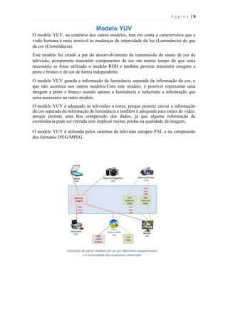 Página |9

Modelo YUV
O modelo YUV, ao contrário dos outros modelos, tem em conta a característica que a
visão humana é mais sensível às mudanças de intensidade da luz (Luminância) do que
da cor (Crominância).
Este modelo foi criado a par do desenvolvimento da transmissão de sinais de cor de
televisão, poispermite transmitir componentes de cor em menos tempo do que seria
necessário se fosse utilizado o modelo RGB e também permite transmitir imagens a
preto e branco e de cor de forma independente.
O modelo YUV guarda a informação de luminância separada da informação da cor, o
que não acontece nos outros modelos.Com este modelo, é possível representar uma
imagem a preto e branco usando apenas a luminância e reduzindo a informação que
seria necessário no outro modelo.
O modelo YUV é adequado às televisões a cores, porque permite enviar a informação
da cor separada da informação de luminância e também é adequada para sinais de vídeo,
porque permite uma boa compressão dos dados, já que alguma informação de
crominância pode ser retirada sem implicar muitas perdas na qualidade da imagem.
O modelo YUV é utilizado pelos sistemas de televisão europeu PAL e na compressão
dos formatos JPEG/MPEG.

Utilização de vários modelos de cor por diferentes equipamentos
e a necessidade das respetivas conversões

 