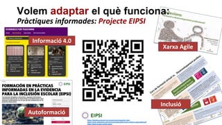 Volem adaptar el què funciona:
Pràctiques informades: Projecte EIPSI
Xarxa Agile
Autoformació
Informació 4.0
Inclusió
https://digitalsocietyschool.shop/product/spanish-eipsi
https://www.slideshare.net/nlorenzo/eipsiuabformacio-difusio-sgienlgfbmpdf
https://eipsi-project.eu/the-team/
 