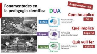 Fonamentades en
la pedagogia científica
Què vull fer
Què implica
Com ho aplico
Volició
Cognició
Ètica
Maria Montesori, School garden. https://cdn.theatlantic.com/media/mt/national/montessorigarden.jpg
Foto: Paola Trabalzini, School garden. https://files.eric.ed.gov/fulltext/EJ1078117.pdf
Pathos
Logos
Ethos
Pensament crític
i competencial
Construcció
procedimental i social
Activació d’emocions
i ansietats
DUA
 