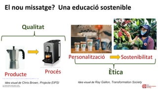 El nou missatge? Una educació sostenible
3-D Transformation Society Matrix. (2022)
(With permission, for educational purposes)
Personalització
https://encrypted-
tbn0.gstatic.com/images?q=tbn:ANd9GcSDhabPXXQITKi4Pq61R0hEBb3FH2yF_yBbNw&usqp=CAU
Ètica
Idea visual de Chris Brown, Projecte EIPSI Idea visual de Ray Gallon, Transformation Society
https://www.puntronic.com/cdnassets/productos/ORBKF200/EM_ORBKF200-01.jpg
Producte
https://www.semana.com/resizer/dn4WR2fg-PLXyxTafUnRk7BYvJY=/arc-anglerfish-arc2-prod-
semana/public/ZLSZE6DAZZD37F25ROE57HPV3U.jpg
Sostenibilitat
Qualitat
https://www.domotica.app/cafetera-nespresso-bluetooth/
Procés
 