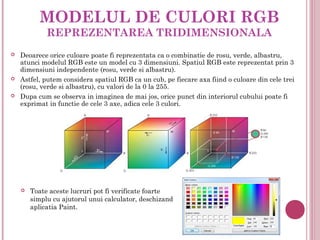 MODELUL DE CULORI RGB
             REPREZENTAREA TRIDIMENSIONALA
   Deoarece orice culoare poate fi reprezentata ca o combinatie de rosu, verde, albastru,
    atunci modelul RGB este un model cu 3 dimensiuni. Spatiul RGB este reprezentat prin 3
    dimensiuni independente (rosu, verde si albastru).
   Astfel, putem considera spatiul RGB ca un cub, pe fiecare axa fiind o culoare din cele trei
    (rosu, verde si albastru), cu valori de la 0 la 255.
   Dupa cum se observa in imaginea de mai jos, orice punct din interiorul cubului poate fi
    exprimat in functie de cele 3 axe, adica cele 3 culori.




       Toate aceste lucruri pot fi verificate foarte
        simplu cu ajutorul unui calculator, deschizand
        aplicatia Paint.
 