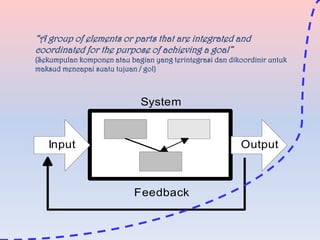 “A group of elements or parts that are integrated and
coordinated for the purpose of achieving a goal”
(Sekumpulan komponen atau bagian yang terintegrasi dan dikoordinir untuk
maksud mencapai suatu tujuan / gol)

System

Input

Output

Feedback

 