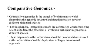 Comparative Genomics:-
• Comparative genomics is the branch of bioinformatics which
determines the genomic structure and function relation between
different biological species.
• For this purpose, intergenomic maps are constructed which enable the
scientists to trace the processes of evolution that occur in genomes of
different species.
• These maps contain the information about the point mutations as well
as the information about the duplication of large chromosomal
segments.
 