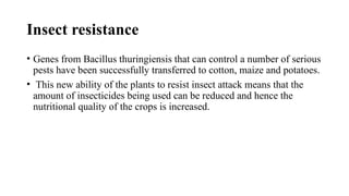 Insect resistance
• Genes from Bacillus thuringiensis that can control a number of serious
pests have been successfully transferred to cotton, maize and potatoes.
• This new ability of the plants to resist insect attack means that the
amount of insecticides being used can be reduced and hence the
nutritional quality of the crops is increased.
 